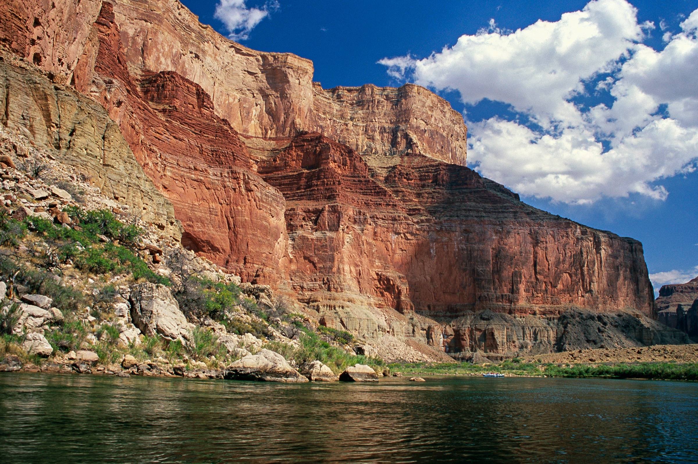 A wide river, green-gray and lightly rippled, fills the bottom third of the frame. On the far side a cliff rises for most of the frame’s height in horizontal bands of red, ochre, cream and gray rock, deeply notched by side gullies, with a broad ledge partway up. The near-left shoreline is a slope of pale broken boulders with low green shrubs. A small white raft carrying several people sits on the water at the right, close to the far bank, and is a tiny fraction of the cliff’s height. The sky is deep blue with large white cumulus cloud on the right.
